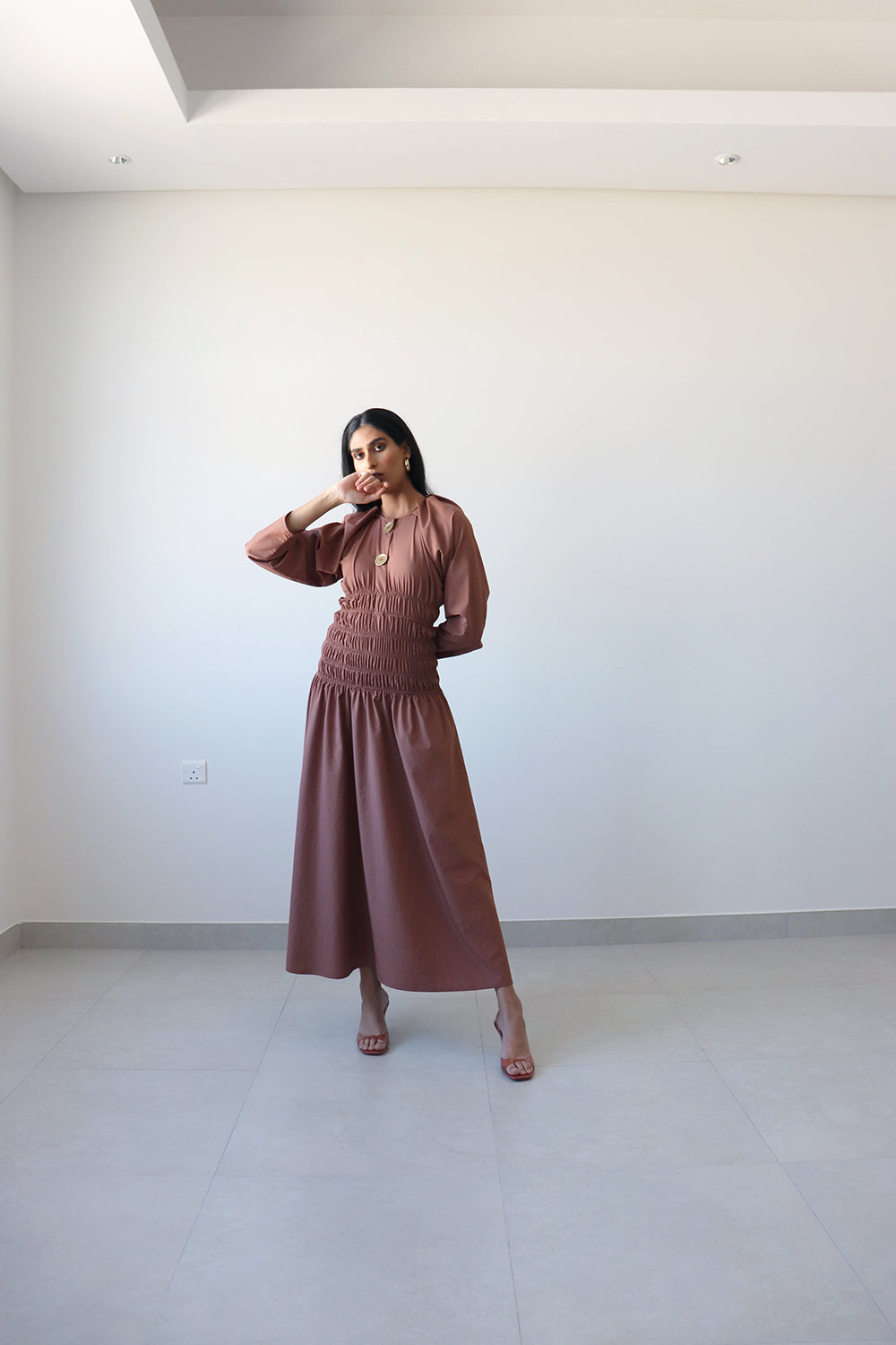 The Gaia Cinched Dress in Mud Brown